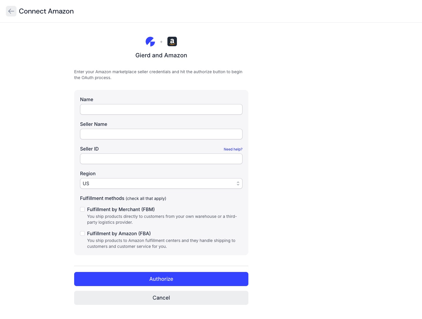 Amazon connection form