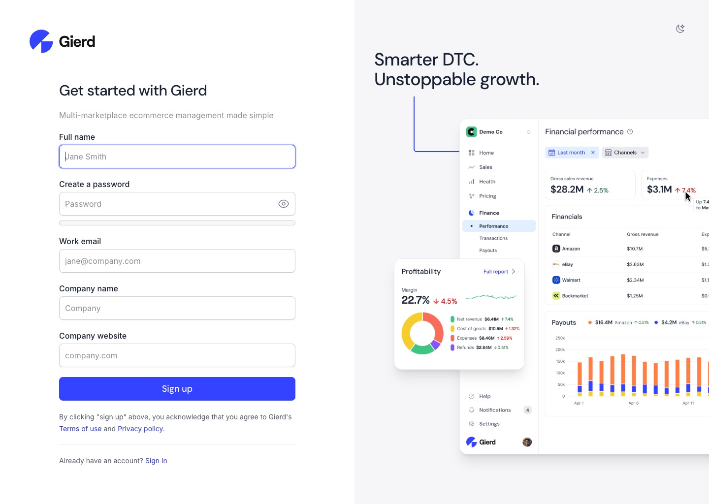 Sign up page